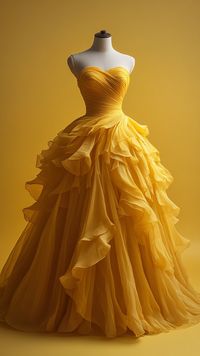 A stunning yellow ball gown displayed on a mannequin. The dress is intricately designed with layers of flowing fabric, creating a voluminous and elegant look.    #fashion #fashionista #fashionable #womenswear #womensstyle #prom #weddingdress #weddingcollection #ballgown #yellow #womenclothing #fashiongoals #fashioninspiration #gown #promdresseslong