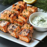 cookefast | Grilled Salmon Skewers with Creamy Dill Yogurt Sauce | Facebook