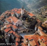 Apricale  famous spiral stone village built on the tip of a mountain , APRICALE, Imperia , Liguria, Italy