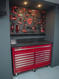 Create the ultimate Milwaukee Power Tool Wall with Shadow Foam! Just measure the space, order 2 custom sized sheets from our website, and with some spray glue and our cutting kit, you can make this tool wall easily!