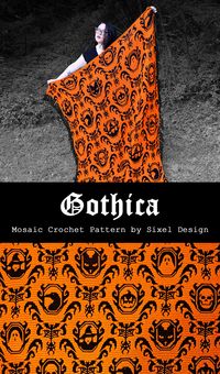 Gothica is a Halloween themed mosaic crochet blanket pattern inspired by old Victorian damask-style wallpaper. The pattern includes 6 different Halloween characters (Black Cat, Skull, Raven, Witch, Jack-o-lantern, Ghost) and can be mixed and matched to create any configuration you like. The blanket can be made any size from king sized to baby blanket, or even a pillow or small wall-hanging.  #mosaiccrochet #gothicablanket #halloweencrochet #gothcrochet #sixeldesign#Crochet_Halloween_Tapestry_Pattern #Spiderweb_Crochet_Blanket #Halloween_Blanket_Crochet_Patterns #Halloween_Crochet_Blanket_Pattern