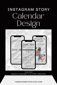 An Instagram story calendar design for your small business! Tired of scrambling to let clients know your open slots in your monthly schedule? This 2025 Instagram story calendar Canva template, is here to save the day! 

Designed with a luxury white and dark gray aesthetic, this monthly calendar booking template is perfect as a nail tech calendar, for hair braiders, book lash appointments, or any other beauty business.

Fully editable in Canva—no tech skills required! Elevate your brand’s presence on social media while keeping your weekly availability full.

Download this editable template and make it your own today!