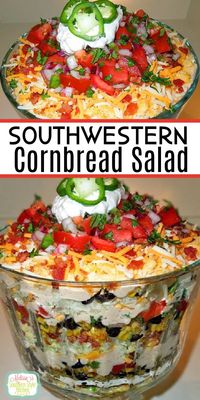 Enjoy this insanely delicious Layered Southwestern Cornbread Salad as a side dish or with tortilla chips for dipping. #cornbreadsalad #southwesternsalad #cornbread #saladrecipes #dinnerideas #sidedishrecipes #southernfood #southernrecipes via @melissasssk