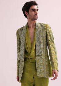 Green Linen Satin Lapel Tuxedo Jacket Set