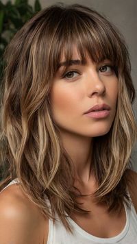 💇 Want to turn heads? Enhance your natural hair texture with this Layered Bob Long Bangs medium length hairstyles with bangs and layers. Master the art of creating textured waves. Enhances natural hair color without the need for full coloring. Easy to maintain and style at home. Click for a step-by-step guide! #LayeredBobLongBangsmediumlengthhairstyleswithbangsandlayers