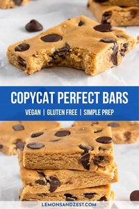 Vegan and egg free, this homemade version of your favorite Perfect Bar is now right at your fingertips. Creamy peanut butter, sea salt, vanilla protein and dark chocolate chips make these the perfect tasty snack. #peanutbutter #darkchocolate #perfectbar #copycatrecipe #perfectbarrecipe