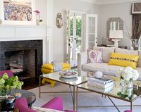 Brass Coffee Tables, living room with yellow and hot pink accents, pantone spring crocus, hot pink, purplish-pink, pinkish-purple, fuchsia