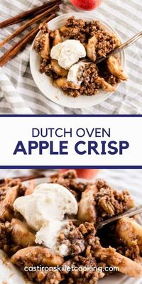 This easy Dutch oven apple crisp recipe is the perfect dessert for any occasion. This delicious treat only requires a few ingredients and your favorite Dutch oven! This apple crisp is sure to be a new family favorite! Top with a scoop of vanilla ice cream and enjoy!