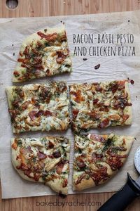 Bacon-Basil Pesto and Chicken Pizza Recipe from @Rachel {Baked by Rachel} | Perfect for pizza night!