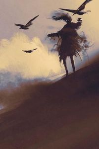 size: 18x12in Art Print: Ghost with Flying Crows in the Desert,Illustration,Digital Painting by Tithi Luadthong :