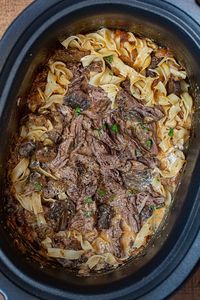 Slow Cooker Pot Roast Beef Stroganoff is tender, shredded chuck roast, creamy sour cream mushroom sauce and egg noodles. #stroganoff #beefstroganoff #potroast #chuckroast #shreddedbeef #dinner #dinnerthendessert