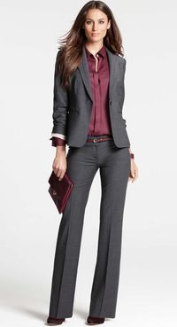 Ann Taylor Charcoal Grey Suit, with oxblood blouse