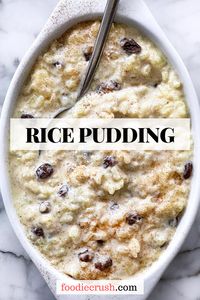 This is the BEST rice pudding recipe, made extra creamy on the stovetop with jasmine rice, vanilla bean, and whole milk, studded with plump raisins, and topped with warm cinnamon and nutmeg. #rice #ricepudding #holidays #dessert #raisins #winterdessert #comfortfood