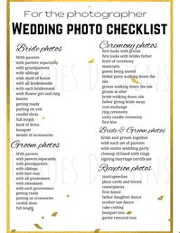 Don't forget this convenient checklist for your wedding photographer, this photo checklist will ensure to save your photographer time, and everyone stress about getting the right pictures on your special day. Important information  1 copy included Height 11.5in * width 8in  * ( PDF) printable digital download  * instant delivery * free shipping *no returns *this item may be printed only, no editing available  * for personal use only, not intended for reselling or redistribution. * no physical item will be shipped. *colors may appear slightly different depending on monitors and printers.