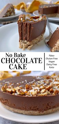 This easy chocolate torte is the perfect summer dessert. It has a flourless pecan and coconut crust and a rich, creamy chocolate filling. In addition, this grain free dessert is Paleo, Vegan, Keto, no bake and only requires 5 ingredients. #chocolatetorte #torte #paleo #vegandessert #ketodessert