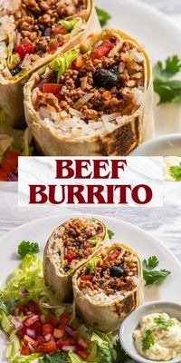 Make this easy beef burrito at home! Mexican comfort food that’s loaded with ground beef, refried beans, cooked rice, wrap in tortilla and smothered with sauce and cheese. This Beef Burrito Recipe is a delicious grab and go meal making it perfect for every occasion plus these are freezer-friendly and takes just 30 minutes to make, so easy!