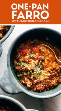 One-Pan Farro with Tomatoes and Kale! This One-Pan Farro with Tomatoes and Kale is a straight-up DREAM! Rustic farro cozied up to cherry tomatoes, onions, garlic, and kale. So good and so wholesome! #farro #tomatoes #kale