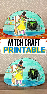 A simple and fun witch craft for preschool, kindergarten and elementary school- aged kids to make for Halloween. Little witches and wizards will color, cut and glue pieces together to create this 3D Halloween diorama craft. The printable template features a witch with her broom, a cauldron, black cat and potion bottles. Pair with the book Room on the Broom, when crafting with preschoolers or using at daycare.