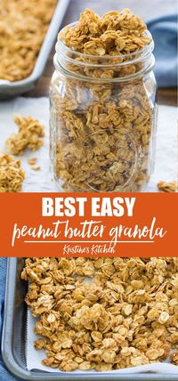 This easy Peanut Butter Granola is made with just 4 ingredients! This homemade granola is crisp and flavorful with big clusters. This healthy granola recipe is perfect for breakfast or a snack! Add chocolate chips for a real treat. #granola #peanutbutter #breakfastideas