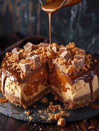 Butterfinger Caramel Crunch Cheesecake 😊    𝗜𝗻𝗴𝗿𝗲𝗱𝗶𝗲𝗻𝘁𝘀 For the Graham Cracker Crust: 2 cups graham cracker crumbs ½ cup unsalted butter, melted For the Peanut Butter Filling: 1 cup creamy peanut butter 1 cup powdered sugar 1 teaspoon vanilla extract 1 ½ cups crushed Butterfinger candy bars For the Caramel Layer: 1 cup granulated sugar ½ cup heavy cream ¼ cup unsalted butter 1 teaspoon sea salt For the Chocolate Topping: 1 ½ cups semisweet chocolate chips 1 tablespoon vegetable oil