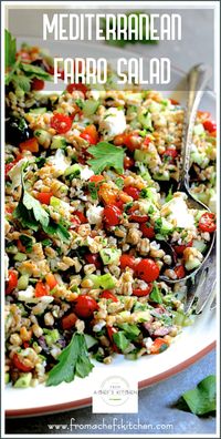 Mediterranean Farro Salad with a light, lemony dressing, crunchy vegetables and feta cheese is refreshing and perfect year-round! #mediterraneanfood #farro #salad #mediterraneansalads #grains