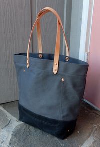 Waxed Canvas Tote Bag with Leather Handles - Large Charcoal Gray & Black Color Blocked Tote With Extra Pocket