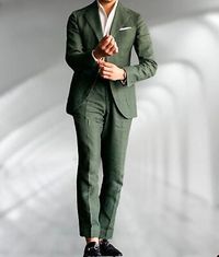 Top Rated Green Men Linen Suit Notch Lapel Casual Party Prom Groom Tuxedo Wedding Custom, Mens Clothing