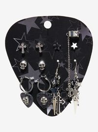 Accessorize like a rockstar girlfriend with these killer earrings! This set includes cross  star and skull studs  plus guitar pick  spike and cross drops and one with an attached cuff.3'' dropsNickel-free alloy; acrylicSet of 6 pairsImported