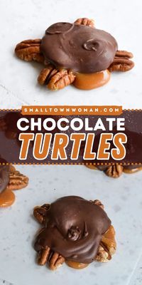 Quick and easy Christmas treat to make! This Chocolate Turtles recipe features pecan clusters covered with chewy caramel and a layer of rich chocolate. Perfect for gift-giving, holiday candy, and hostess presents. Save this Christmas dessert to impress your guests!