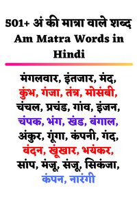 दोस्तों आज हम Am Matra Words in Hindi जानेंगे बहुत से बच्चे अं की मात्र वाले शब्द ढूंढते रहते है, इसलिए हमने यह आर्टिकल खास आपके लिए तैयार किया है। इस लेख के अंदर आपको Am matra words in hindi and english, अं से शुरू होने वाले 10 शब्द, अं की मात्रा वाले शब्द चित्र सहित देखने को मिल जाएंगे। इस लेख को अंत तक जरूर पढ़ें और लोगों तक शेयर करें।