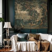 Click here for the woven, 100% cotton variant: https://gildenhome.etsy.com/de-en/listing/1766951799/woven-french-tapestry-wall-hanging Bring some moody french countryside flair into your home with "Verdure with Château and Garden" (Katharine Ghuys 1738-1778) Tapestries showing scenes of country houses set amid gardens and wooded hillsides, were known as "verdures". This tapestry is dominated by greens and earthy browns. During the 1600s and early 1700s, verdures effectively brought "nature" into