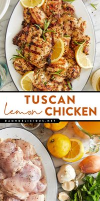 Want more meat main dishes? Here's a lemon chicken thigh recipe! Thanks to an olive oil marinade, these grilled Tuscan chicken thighs are deliciously moist, tender, and juicy. Save this easy dinner idea!