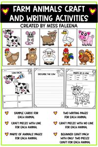 This resource is a fun way to teach your students about farm animals. Students will have fun putting together the pieces and writing about the animals. There are two craft pieces for younger or beginner students. This resource is suitable for kindergarten through second-grade students.  Kindergarten Worksheets | First Grade Worksheets | Second Grade Worksheets | Craft Activities | Writing Prompts | Science | Farm Animals Craft