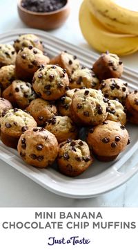 Tired of banana bread? Put those overripe bananas to good use in a family-friendly recipe for Mini Banana Chocolate Chip Muffins that are perfect for lunch boxes, after-school snack and breakfast on-the-go. #justatasterecipes