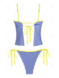 PRODUCT DESCRIPTIONEmbellishment:Bowknot,Tie Side,CinchedFeatures:Wire Free,Padded (Removable Pads),LinedMaterial:Polyester,SpandexNeckline:Spaghetti StrapsPattern Type:GinghamSwimwear Category:Tankini SetFabric Stretch:High Stretch