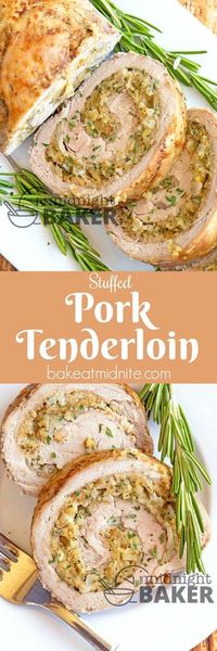 Succulent pork tenderloin stuffed with a rich buttery soft-bread herb stuffing. It's easy to make too!