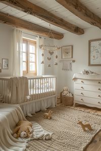 Bright and airy rustic nursery with exposed wooden beams and a crib crafted from natural pine. A gentle mobile of carved wooden animals hangs above, and a soft, knitted rug lies on the floor. The dresser is a repurposed antique sideboard, painted in a soft pastel hue, serving both function and charm