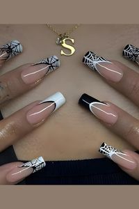 Get ready for spooky season with our Halloween nails! These long square press-on nails feature intricate spider web designs and glossy nude tips, perfect for a chic Halloween look. With 24 full-cover acrylic nails, you'll have everything you need for a stunning style. Ideal for women and girls who want to celebrate Halloween in style. #halloweennails #spidernails #frenchtips #longnails #naildesign #fullcovernails #acrylicnails