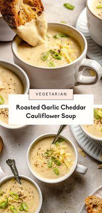 Indulge in a velvety roasted cauliflower soup that's bursting with flavor, thanks to an entire head of roasted garlic. This simple recipe skips the cream and flour, relying instead on pureed cauliflower and rich, melted cheddar cheese for its luscious texture. Pair it with croutons or a slice of toasted sourdough for the ultimate cozy meal experience.