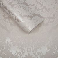 A full roll of this product is 20.5 inches wide and 396 inches long. A full roll can cover up to 56 square feet depending on the design match and pattern repeat. A sample of this product is 8 inches by 11 inches. Gothic Damask Flock White contrasts a opulent design with a cool light color palette. The shimmer white backdrop gives it a sleek look. This wallpaper is both beautifully metallic and boasting a rich pattern, pulling together a sophisticated overall effect. Quick & easy 'Paste The Wall'