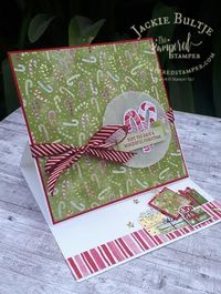 6x6 easel card using the Most Wonderful Time product medley and cherry cobbler 3/8\'diagonal stripe ribbon.