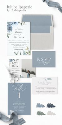 Dusty Blue, Green, Navy and Gray Botanical Watercolor Wedding Invitation Suite