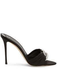 Intriigo Knot heeled mules from Giuseppe Zanotti featuring black, leather, satin trim, pleat detailing, crystal embellishment, branded insole, buckle detail at the toe, open toe, high stiletto heel and slip-on style.