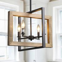 Blending natural materials in a geometric frame, the 4-light pendant from LNC is perfect for a dramatic dining space or living room. This candle-style chandelier in natural wood and iron provides abundant