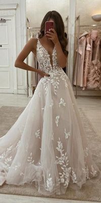 A-Line V-Neck Floor-Length Lace Wedding Dress