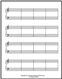 Grand staff worksheet with four measures a line printable staff paper, free download at Music-for-Music-Teachers.com