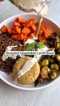 30min · 5 servings     https://cookingforpeanuts.com/best-vegetable-bowl/  Ingredients:  • 1 ¼ cups dried quinoa  • 3 ¾ cups cooked Puy, French, green or brown lentils (or 1 ½ cups dried lentil, cooked until al dente)  • 2 medium sweet potatoes, cut into ¾-inch pieces (about 4 ½ cups)  • 1 ½ pounds Brussels sprouts, trimmed, and either halved, or quartered if large (about 6 cups)  • Drizzle of olive oil  • Dash of garlic power  • Dash of onion powder  • Salt and freshly ground black pepper to taste  For the tahini dressing:  • ¾ cup tahini  • ¼ teaspoon ground cumin  • ¼ teaspoon salt or to taste  • 1 medium lemon, juice  • 2 garlic cloves  • ½ cup ice-cold water, plus more as needed  Optional for serving:  • hemp seeds  • avocado