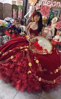 Burgundy Velvet Princess Charro Quinceanera Dresses Luxury Floral Embroidery Ruffles Mexican Corset