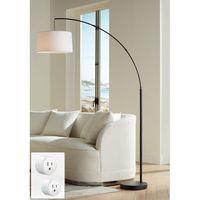 Designed by 360 Lighting, this modern arc floor lamp includes a smart socket that adds the convenience of voice or app control. The chic silhouette of the lamp is complemented with a neutral black finish, ensuring it works in most settings. A drum shade in white linen creates diffused, true illumination that's great for reading or ambiance. Size: 72 x 15 x 50.