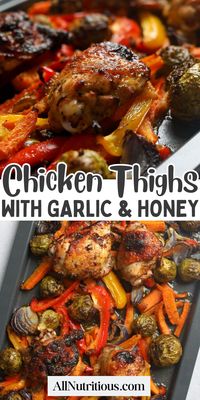 These sweet and savory sheet pan chicken thighs with garlic and honey are the perfect addition to any high protein diet. This quick and easy sheet pan dinner can help you prepare more high protein meal preps so you can enjoy more healthy lunches this week. 